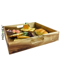 Plateau de service rectangulaire en bois d'acacia avec poignées découpées, plateau en bois pour le petit-déjeuner, le pain, le café