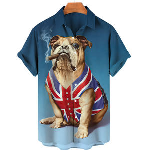 Drapeau américain et Union Jack Pet Dog Patriotic Hawaiian Shirts, British English <span class=keywords><strong>Bulldog</strong></span> Smoking A Cigar Unisex Summer Beach Tops - Product Image 1