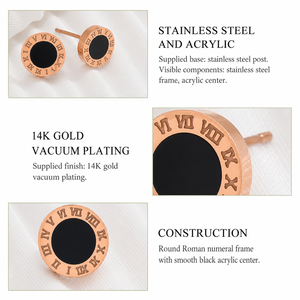 Boucles d'oreilles clous en acrylique chiffres romains, acier inoxydable plaqué or 14K sous vide, or rose, clous ronds noirs - Product Image 4