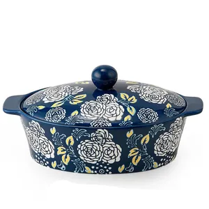 Blue Ceramic Casserole Dish With Lid Oval Baking Pan Dutch Oven Perfect for Bread Baking and Serving Baking Dish