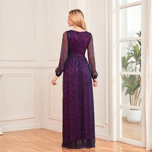 Robe longue d'été élégante pour femme, sexy, ornée de paillettes et de dentelle de luxe, idéale pour les bals de promo, les anniversaires et les soirées, couleur unie - Product Image 5