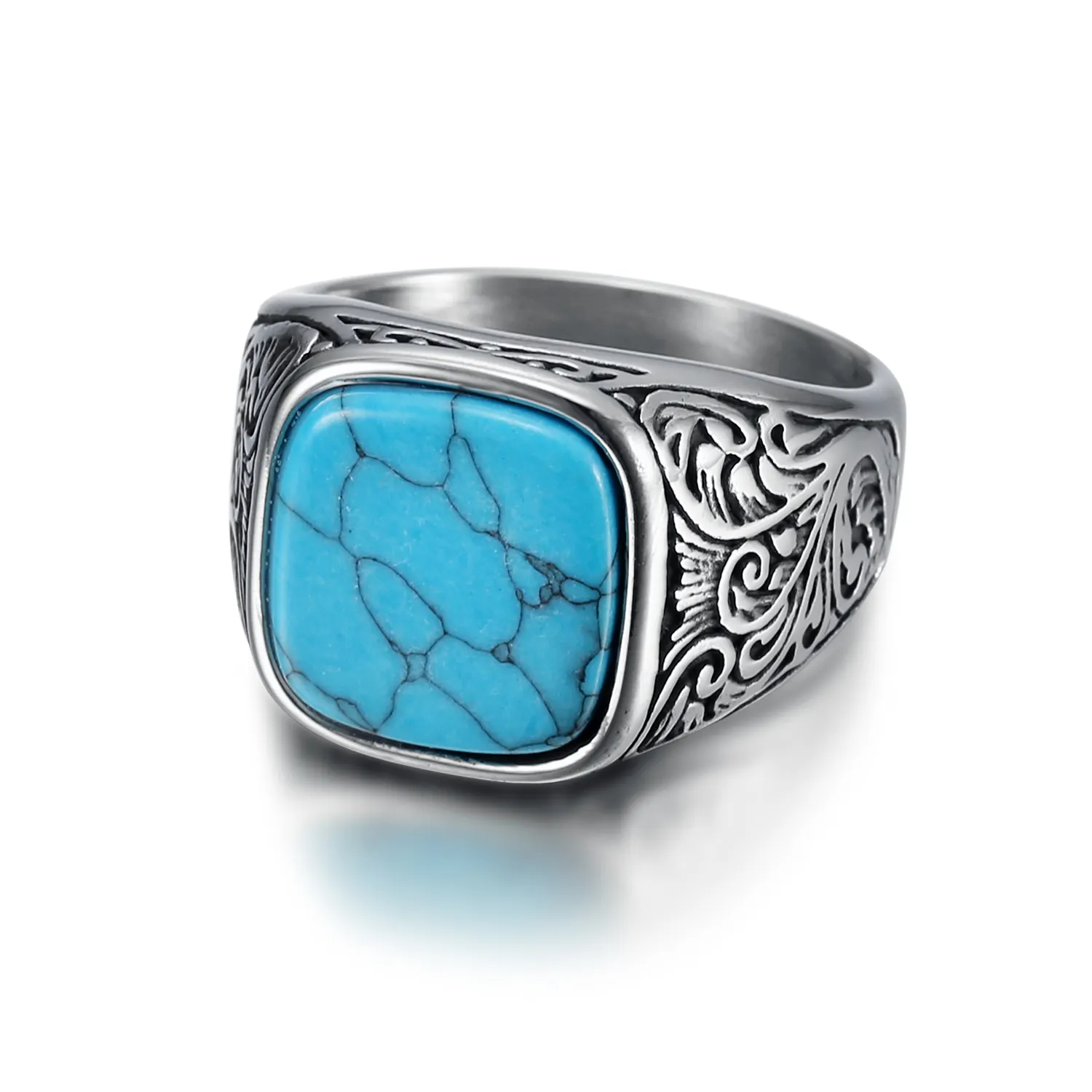 Vnox — bague de fiançailles Vintage en œil de tigre, pierre précieuse turque classique, bleu, blanc, Turquoise, acier titane, argent, couleur argent