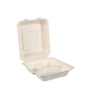Contenedores biodegradables Clamshell de 3 compartimentos, bagazo, caña de azúcar, desechable, respetuoso con el medio ambiente, envasado de alimentos, caja de 9x9 pulgadas