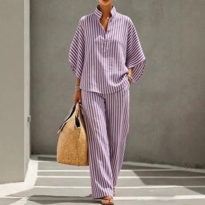 Conjunto de Dos Piezas de Camisa a Rayas para Mujer Estilo Europeo Americano 6096, Estilo Casual para Vacaciones, Atuendo Holgado a Juego, Traje de Moda Diaria para Damas - Product Image 2