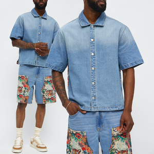 KINGSEN High Quality Men's 100% Cotton Washed Denim <b>Shirt</b> Tiger Floral Jacquard <b>Patchwork</b> Boxy Fit Short Sleeve Casual Top - Product Image 1
