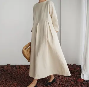 Nuovo arrivo abito lungo in lino da donna Casual Pullover allentato abiti in tinta unita per le donne