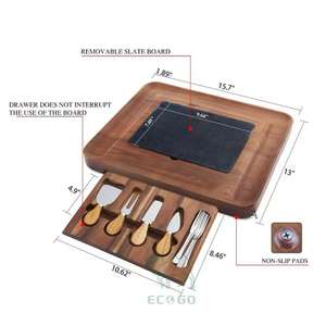 Plateau à fromage en bois d'acacia, ensemble de couteaux en acier inoxydable, plateau de charcuterie, plateau de service, tiroir caché, ensemble de couverts, écologique, durable - Product Image 5