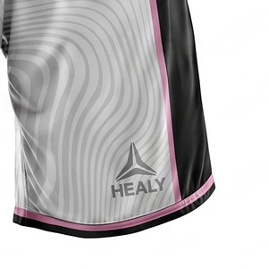 Ensemble d'uniformes de basketball sublimés HEALY à texture ondulée blanche, avec bordure rose et noire, maillot et short en maille respirante à séchage rapide, personnalisable pour équipe - Product Image 5