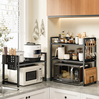 Étagère rétractable double couche en acier au carbone pour micro-ondes Étagère de rangement d'accessoires de cuisine avec porte-couteaux Porte-baguettes