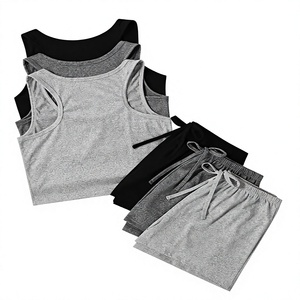 Women 2-Piece Lounge Set V-neck Sleeveless Striped Elastic Waist Shorts Knitted Cotton Spandex Summer Casual Wear - Product Image 2