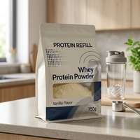 Sachet à soufflet autoportant en gros pour poudre de protéines de qualité alimentaire, idéal pour le supplément de whey saveur vanille, avec logo personnalisé pour le fitness