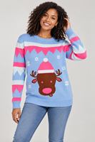 Pull de Noël moche pour femme, col rond, jacquard renne et flocon de neige, en acrylique tricoté, OEM ODM personnalisé, faible MOQ, décontracté et doux