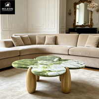Table basse en marbre vert trèfle à quatre feuilles, pierre naturelle de luxe avec pieds en bois massif, table centrale pour salon