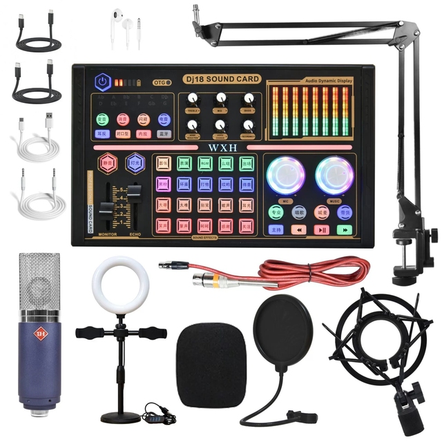 Professional audio large shock film 48V computer mobile phone live streaming sound card karaoke host microphone complete set