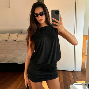 Robe Courte Noire Dos Nu pour Femme, Sans Manches, Drapée et Froncée, Moulante, Sexy, pour Soirée, Club, Été, Coupe Ajustée - Product Image 3