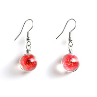 Boucles d'oreilles pendantes personnalisées en résine acrylique transparente avec fleur naturelle et boule de cristal, bijoux botaniques émaillés