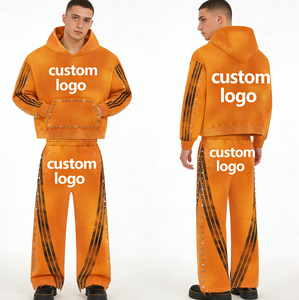 Pantalones de chándal negros de algodón grueso con logo personalizado, corte acampanado y bajo abierto, y conjunto de sudadera con capucha y pantalones de chándal a rayas de pierna ancha. - Product Image 1