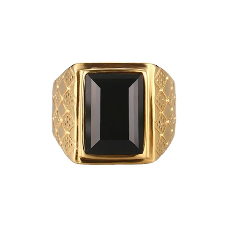 Rhombus black diamond agate stainless steel gold plated titanium steel ring designs for men