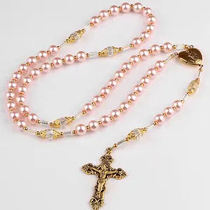 Religiöser Rosario Katholische 8mm Perlen Rosa Glas Perlen Perlen Rosenkranz mit Gold Virgin Mary Center