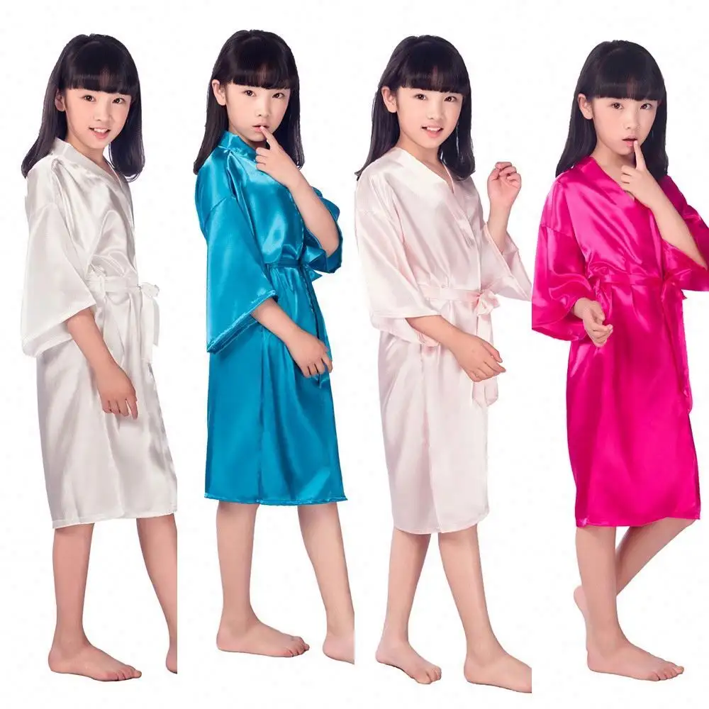 8 Colors 20years Girls Solid Silk Satin Kimono Robes Kids Children Bathrobe Sleepwear Bath Nightgown for Wedding Spa Party