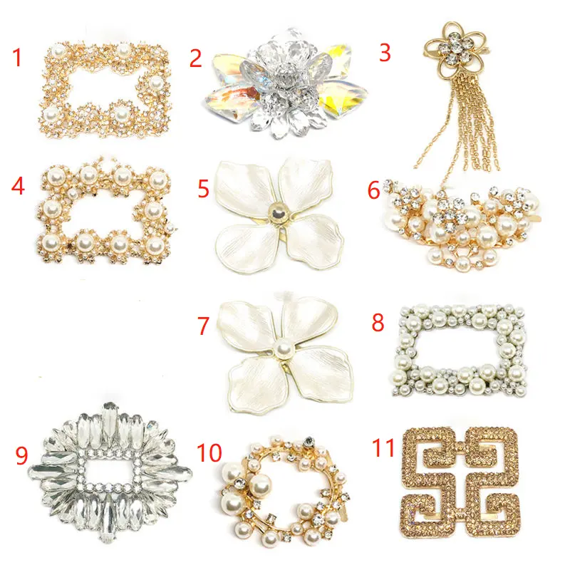 Fashion Bling Metal Pearl Shoe Part Clip Square Heel Accessories Rhinestone Crystal Heel Shoe Decoration