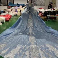 Gaun Pesta Quinceanera Biru Kustom XS136 dengan Lengan Panjang dan Kerah Tinggi Berbunga, Fitur Ibu Pengantin