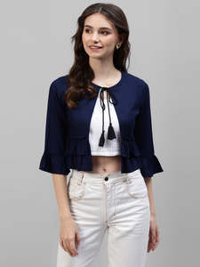 Veste-robe en rayonne unie pour femme avec shrug à volants Dori et manches 3/4, col rond, pour tenue de soirée et décontractée - Product Image 1