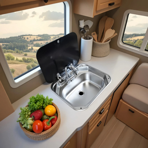 Évier simple en acier inoxydable pour bateau et camping-car, avec robinet, design pliable, finition brossée, installation en encastré pour caravane - Product Image 2