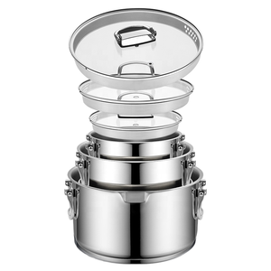 Bộ nồi chảo inox 6 món hình thẳng, dùng được với bếp từ, tay cầm gấp gọn - Product Image 1