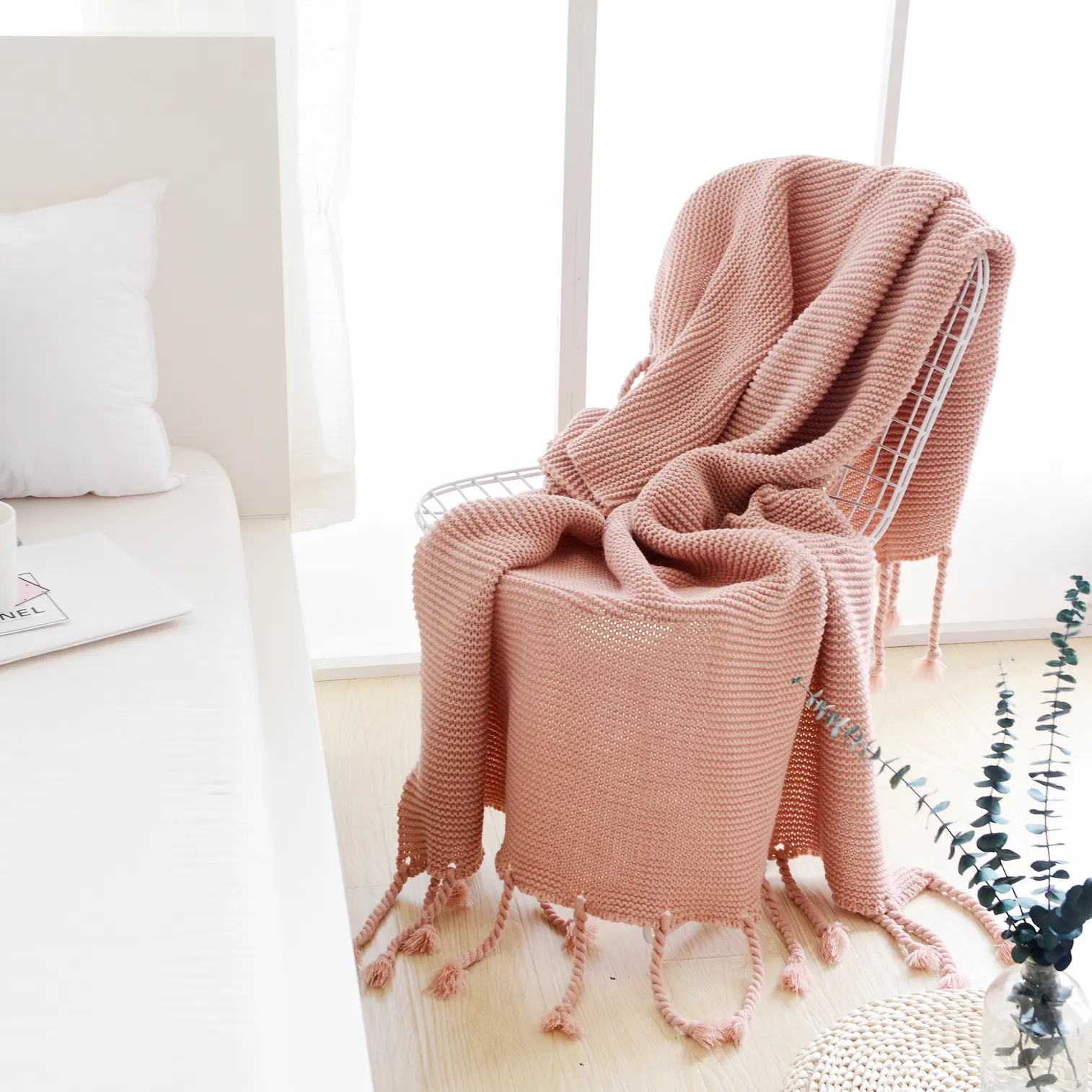 Популярное дизайнерское вязаное одеяло из искусственного кашемира с кисточками