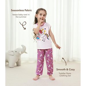 Ensemble pyjama licorne pour filles, t-shirt sans manches et pantalon pleine longueur, taille élastique, imprimé dessin animé, vêtements de nuit d'été 3T-5T - Product Image 4