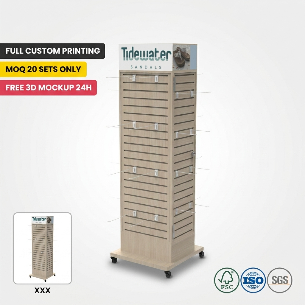 Custom Movable Light Wood Slatwall Sandal Display Rack with Casters Floor Standing Retail Footwear Display Stand for Shop