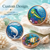 Pièce de monnaie en cuivre pur 999 de 1 oz, thème monde sous-marin moderne, animaux marins Feng Shui, édition en relief coloré avec impression UV
