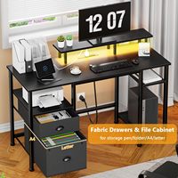 Escritorio de Oficina Ecológico y Duradero con Luces LED, Tomas de Corriente, 4 Cajones, Archivador de Tela, Estantería y Mesa de Estudio/Trabajo