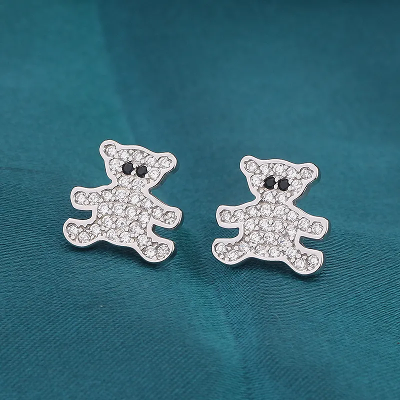 High quality 925 Sterling Silver Micro Pave Cubic Zirconia Cute Teddy Bear Ear Stud Fine Earring Jewelry for Women Gift