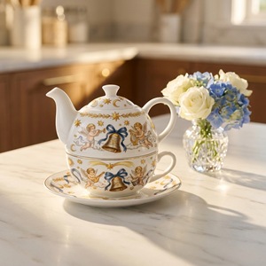 Single Serve <b>Tea</b> Set, Nordic Christmas Holiday Motif, Teapot Cup and Saucer with <b>Infuser</b>, Gift Boxed - Product Image 2