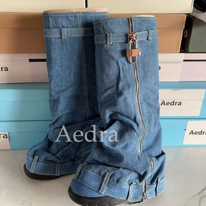 Denim Metallic Lock Shark <b>Boots</b> Cowgirls Zipper Thick Soles Knee High <b>Boots</b> Women Round Toe Slip-on Runway Party Shoes for Lady - Product Image 5