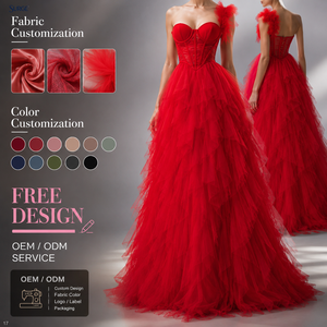 <span class=keywords><strong>Robe</strong></span> de soirée longue personnalisée pour femme, rouge, style corset, en polyester, élasthanne et satin, coupe trapèze, avec volants en tulle, pour fêtes - Product Image 1