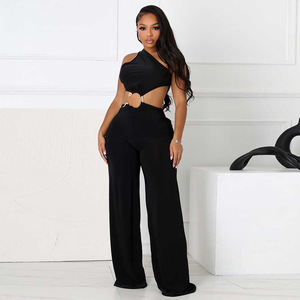 Vente en gros Été Femmes Solide Couleur Creux Col Incliné Sans Manches Long Pantalon Combinaisons Combishorts - Product Image 2