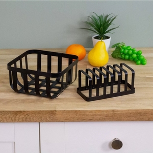 Porte-toasts à 6 tranches et panier à <span class=keywords><strong>fruits</strong></span> carré Rangement à domicile Organisateur en métal Ensemble Fer noir Essentiels de cuisine - Product Image 2