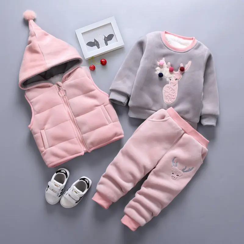 Conjuntos de roupas de bebê, conjuntos de roupas de bebê elegantes para outono e inverno, roupa infantil, calça + colete com capuz, 3 peças, conjuntos de roupas para crianças
