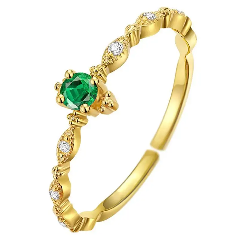 Ins Fashion S925 Sterling Silver 18k 14k Gold Plated Design Inlaid Emerald Diamond Fashion Luxury Open Ring for Woman Gift