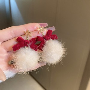 Aipino Mink Fur Pom Pom <b>Snowflake</b> Red Bow Earrings Women Fashion Drop Earrings 925 Silver Stud Fall 2025 - Product Image 2