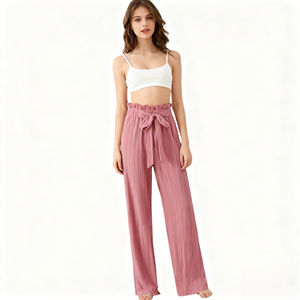 Pantalon large taille haute à volants en soie glacée pour femme, coupe régulière, doux et féminin, idéal pour l'été, le bureau, les rendez-vous ou le quotidien – En stock - Product Image 2