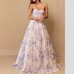 Vestido de Noche de Organza con Estampado Floral y Hombros Descubiertos, Cintura Imperio, Capa Transparente Larga, Vestido Formal para Mujer - Product Image 4
