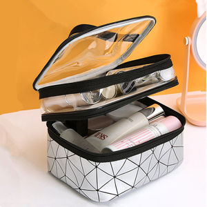Bolsa de maquillaje portátil de doble capa con compartimento superior transparente para mujer, estuche de almacenamiento de cosméticos, forro de nailon impermeable - Product Image 4