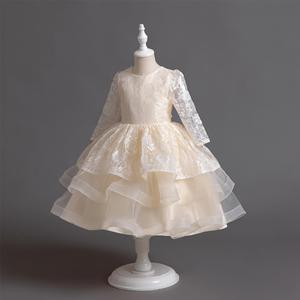 Bianco <span class=keywords><strong>damigella</strong></span> d'onore abbigliamento per bambini con fiocco in pizzo festa <span class=keywords><strong>abito</strong></span> da sposa ragazza manica lunga <span class=keywords><strong>abito</strong></span> da ballo principessa - Product Image 1