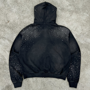 High Quality French Terry Men's Hoodies 100% Cotton Acid Wash Zip up Hoodie Custom Logo Embroidered Patchwork Rhinestone Hoodie - Product Image 2