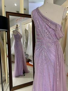 Robe de soirée musulmane de couleur mauve, élégante, entièrement ornée de perles, <span class=keywords><strong>jupe</strong></span> en tulle, longueur au sol, sans manches, avec paillettes - Product Image 5