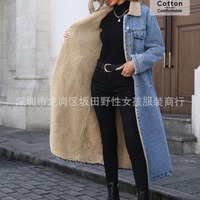 2026 Musim Dingin Baru Grosir Wanita Mantel Denim Panjang Berlapis Fleece Biru Dicuci dengan Kancing Depan, Model Longgar Kasual Chic untuk Sehari-hari